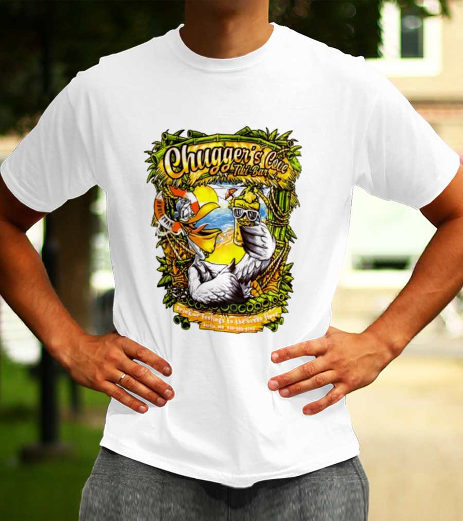 Chugger's Cove Tiki Bar Beach Pelican Drink Ur Feelings Ocean Floor Berlin MD T-Shirt