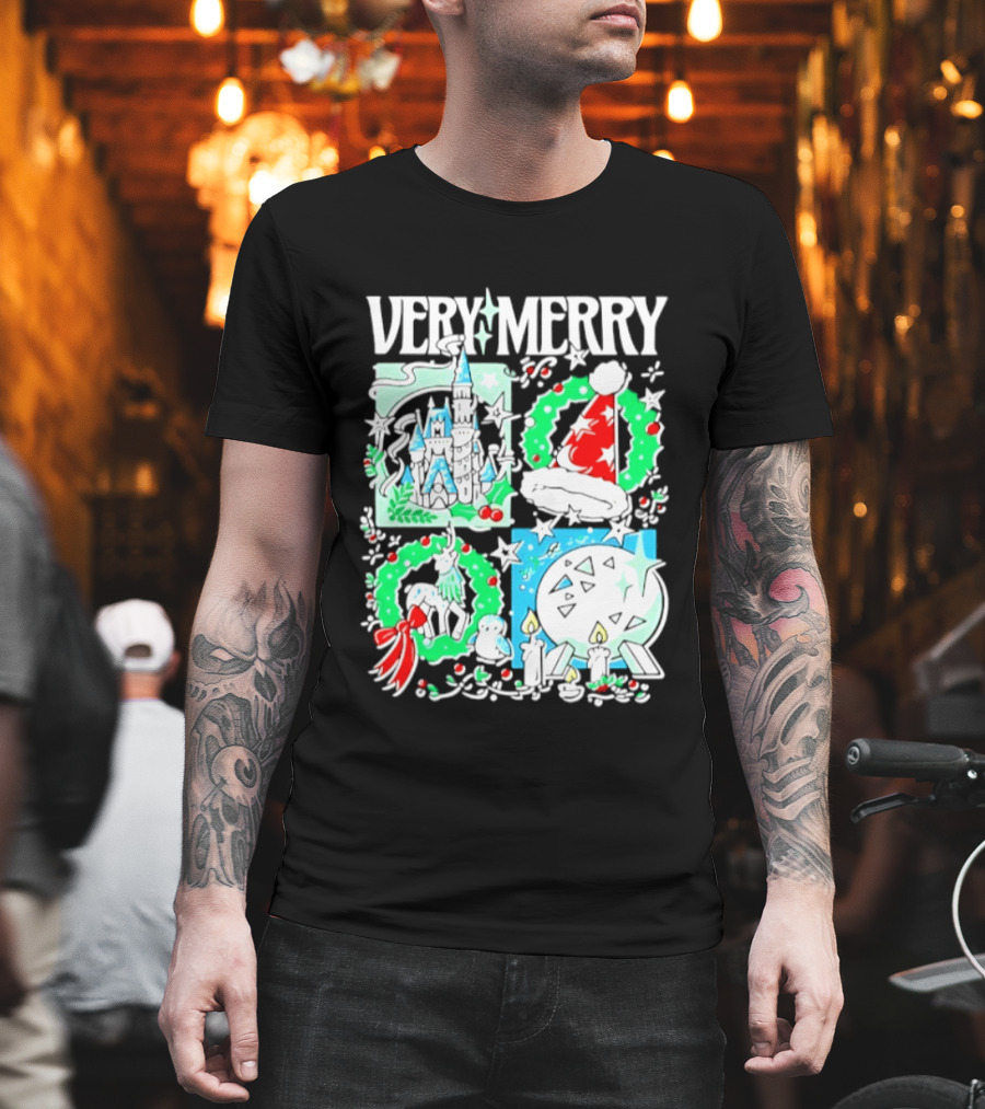 Very Merry 2026 Christmas Disney Castle Holiday Wreath And Santa Hat Candles T-Shirt