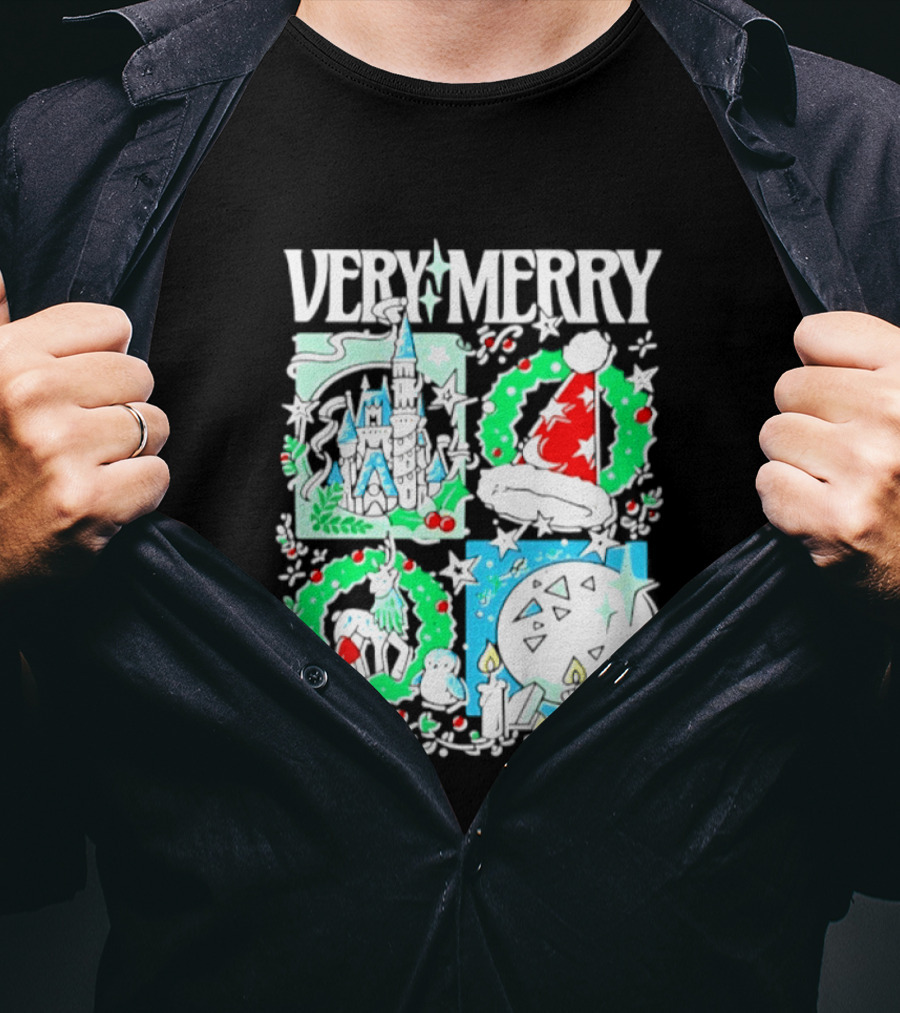 Very Merry 2026 Christmas Disney Castle Holiday Wreath And Santa Hat Candles T-Shirt