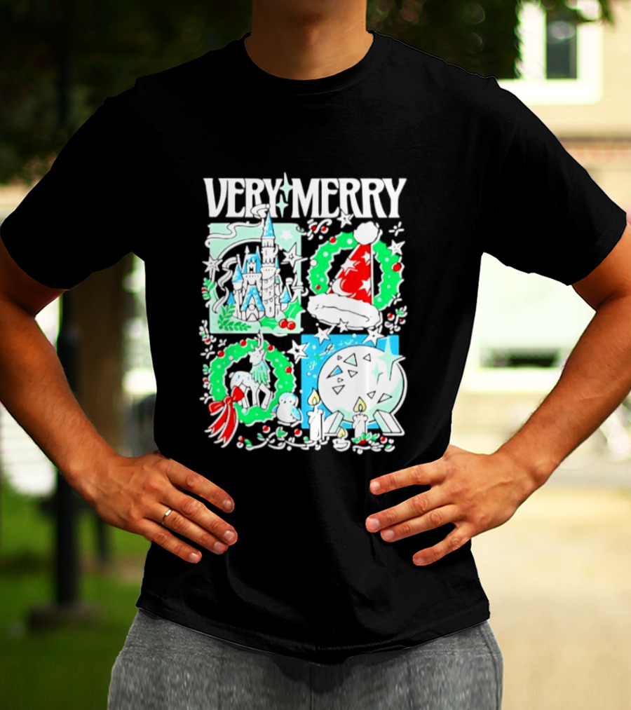 Very Merry 2026 Christmas Disney Castle Holiday Wreath And Santa Hat Candles T-Shirt