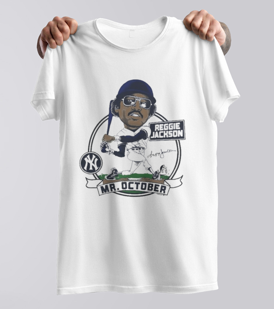 Yankees Reggie Jackson Mr. October Caricature Signature Art With NY Yankees T-Shirt