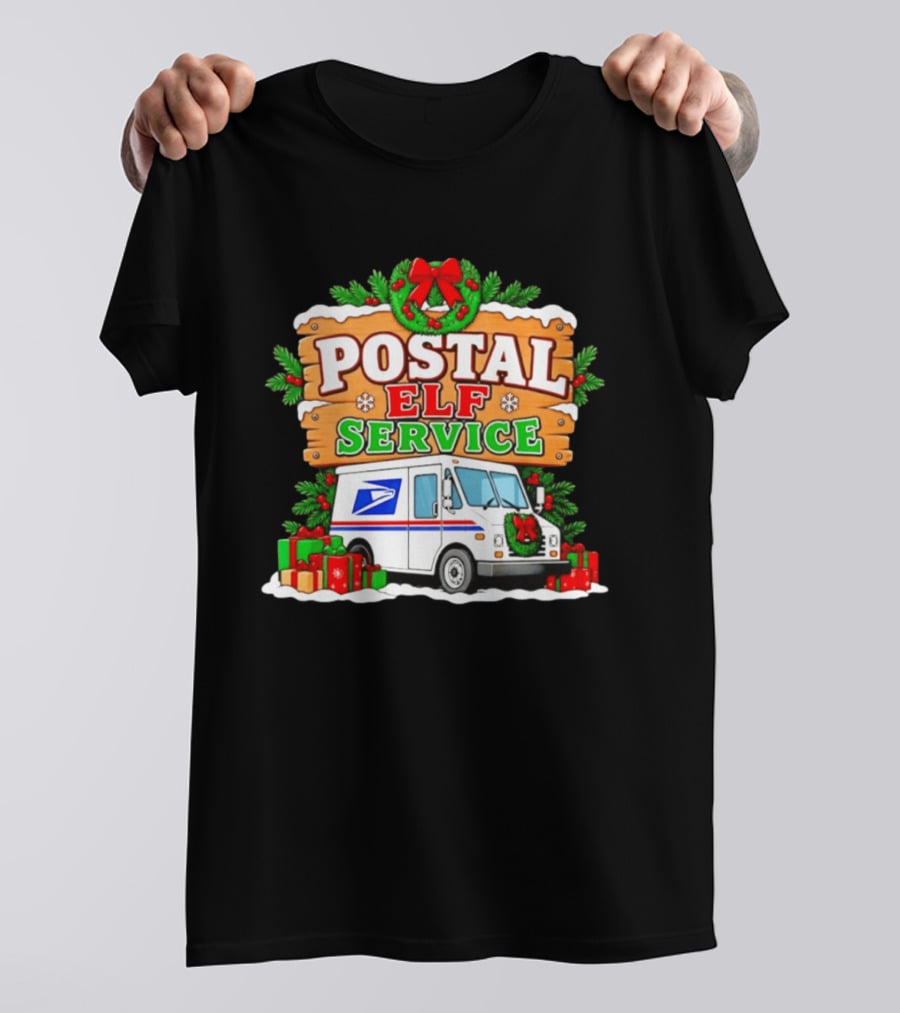 USPS Christmas Postal Elf Service Truck Wreath And Holiday Gifts T-Shirt