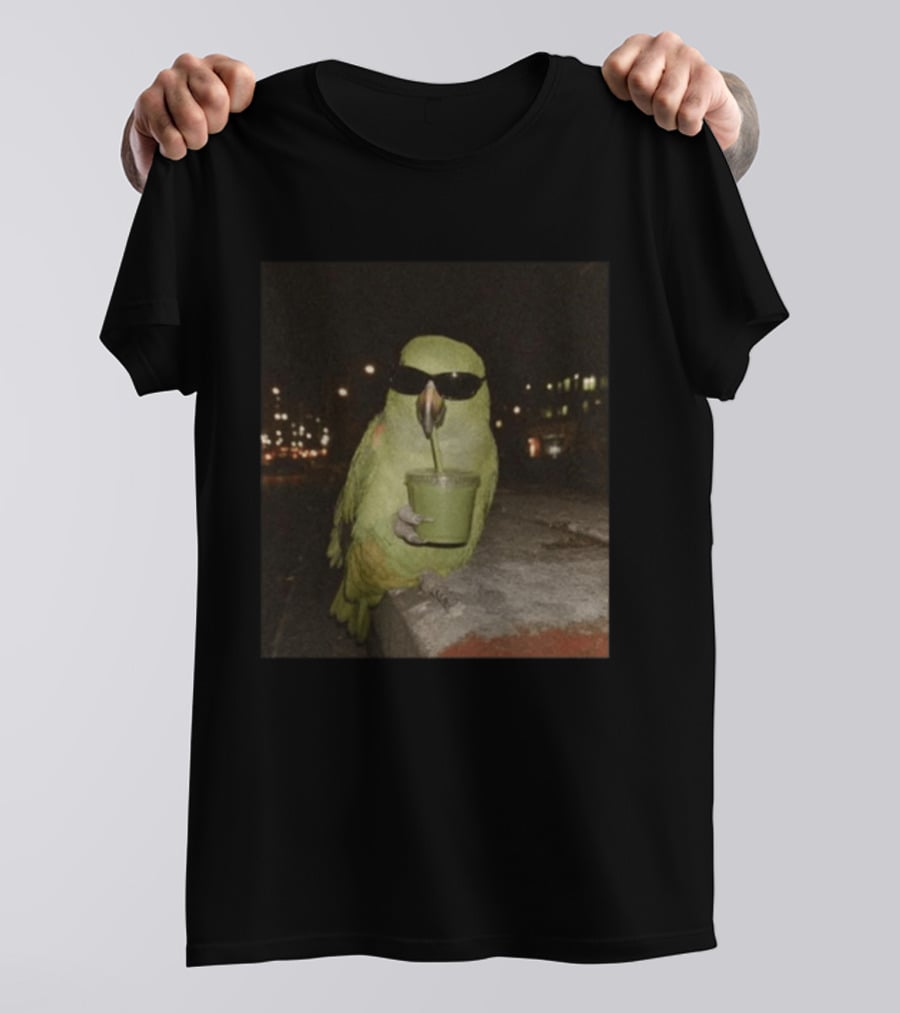 Parrot Wearing Sunglasses Enjoying Green Smoothie At Night T-Shirt