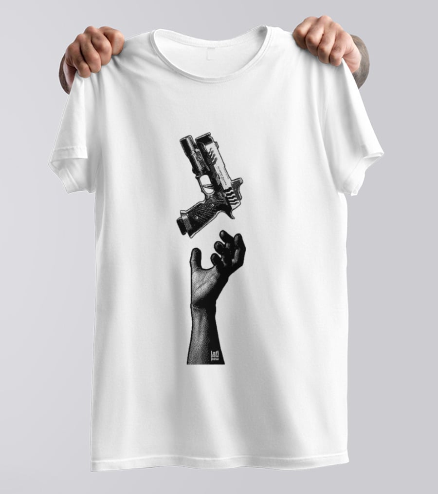 Reaching Hand Catching Handgun Pistol Stipple Gun T-Shirt