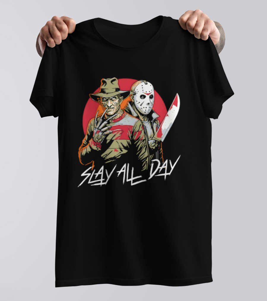 Freddy Krueger And Jason Voorhees 2026 Halloween Slay All Day Horror Iconic Duo T-Shirt