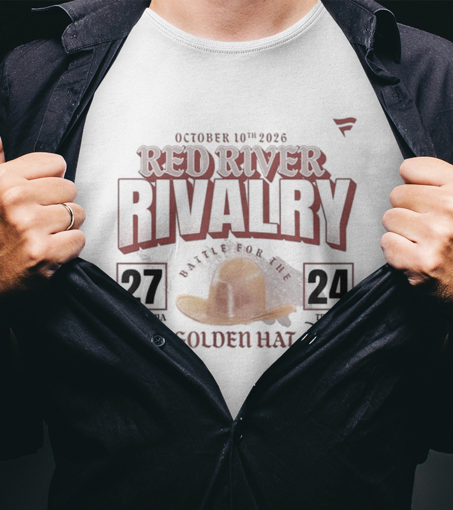 October 10th 2026 Red River Rivalry Oklahoma 27 Texas 24 Golden Hat T-Shirt
