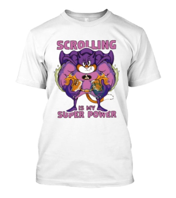 Scrolling Is My Super Power Superhero Cat Comic T-Shirt