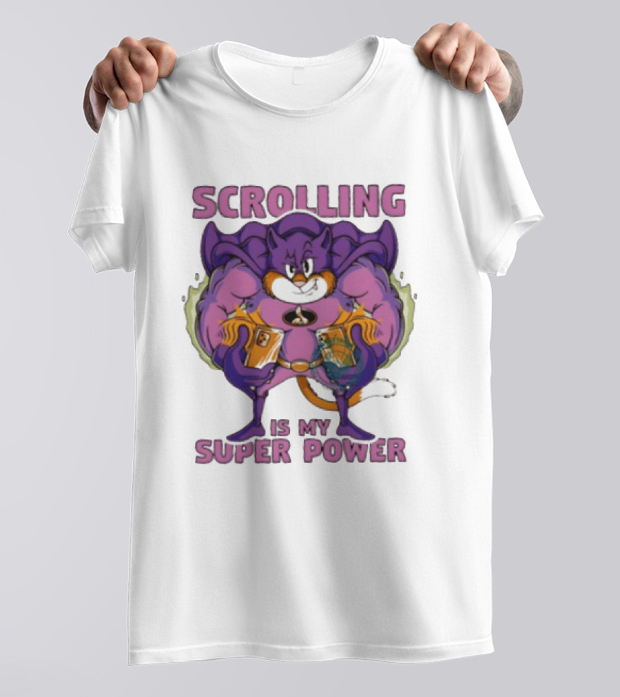 Scrolling Is My Super Power Superhero Cat Comic T-Shirt