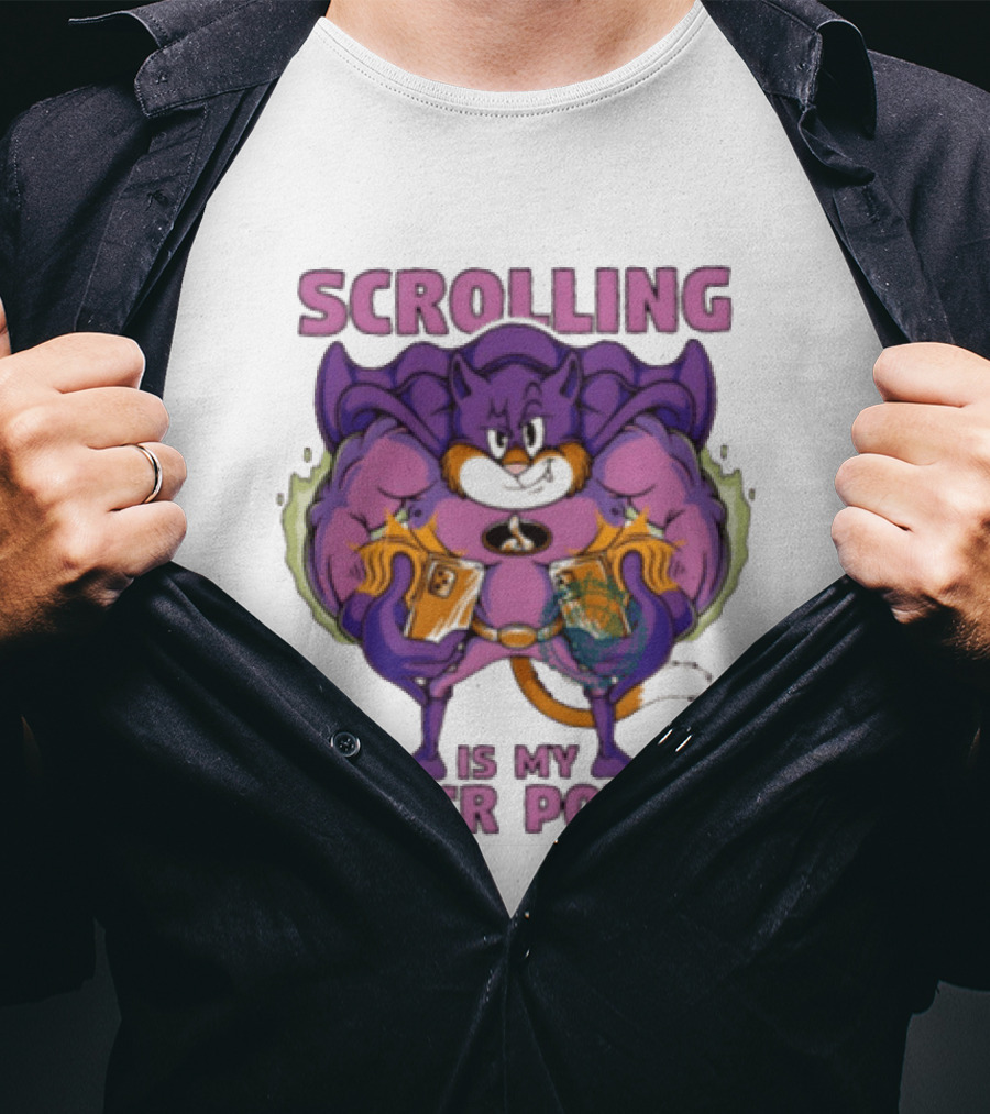Scrolling Is My Super Power Superhero Cat Comic T-Shirt
