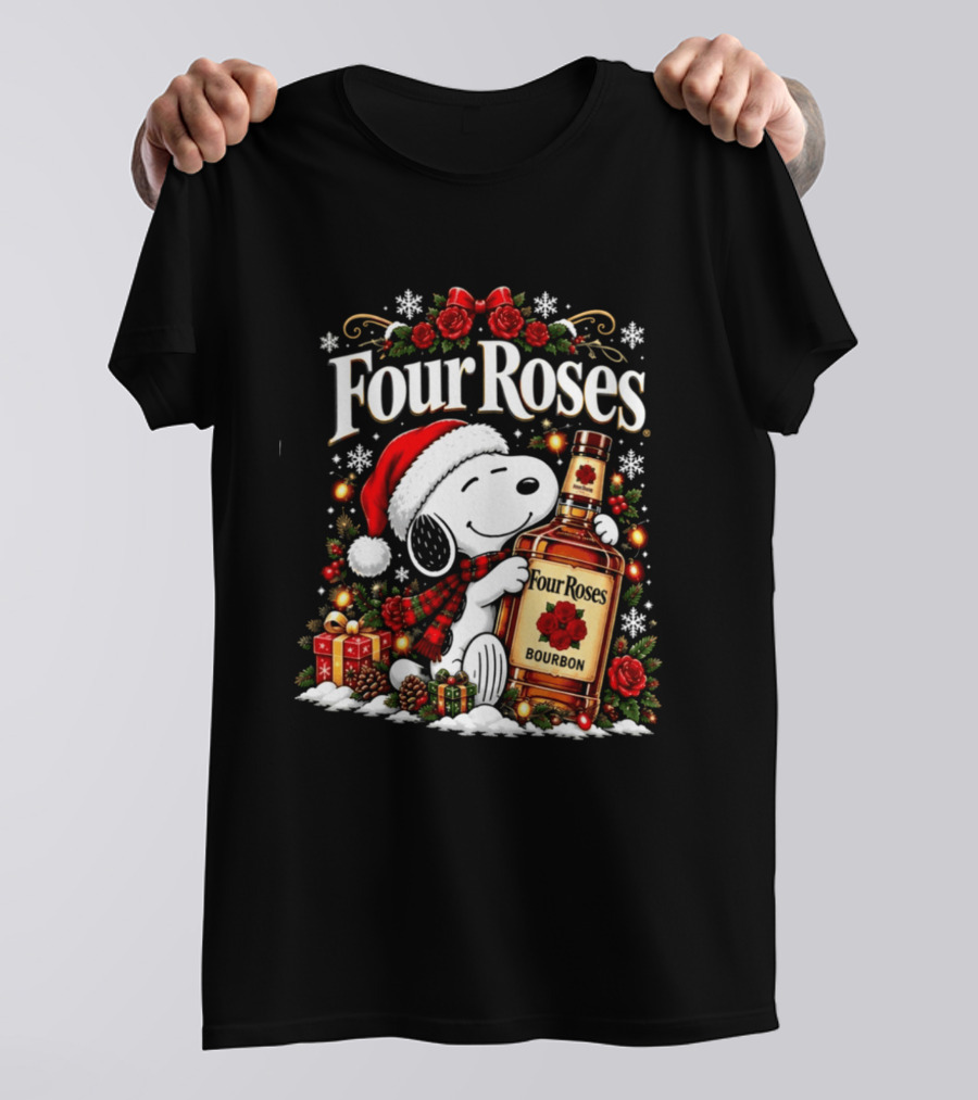 Four Roses Christmas 2026 Bourbon Snoopy Santa Hat Festive Cheer T-Shirt