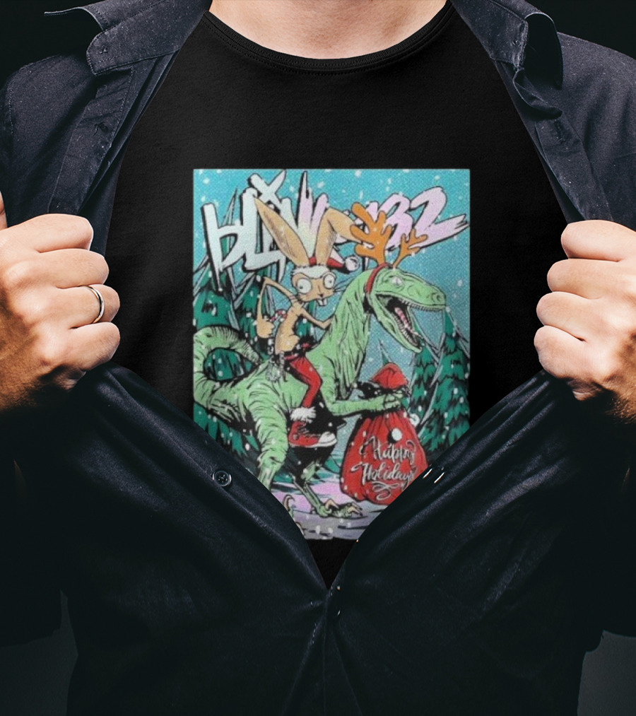 Blink 182 Merry Xmas Rabbit Riding Velociraptor Happy Holidays T-Shirt