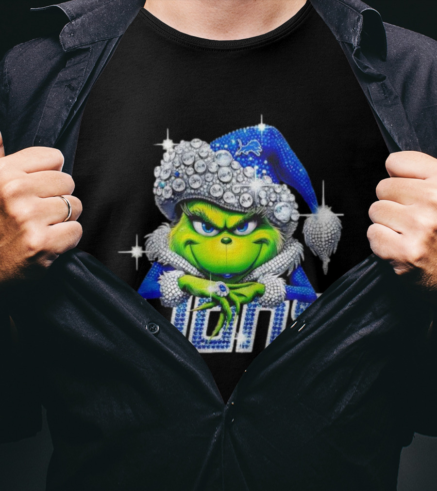 Detroit Lions Grinch Bling Santa Hat Christmas T-Shirt