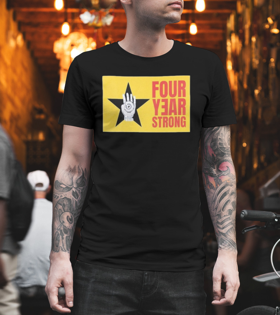 Four Year Strong Star With Hand Eye Symbol On Yellow Background T-Shirt