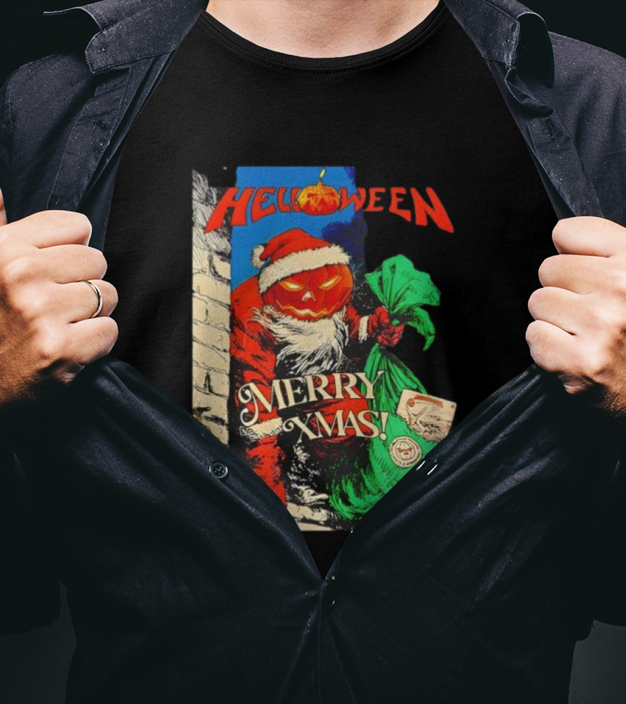 Helloween Merry Xmas Pumpkin Santa Halloween Christmas Fusion T-Shirt