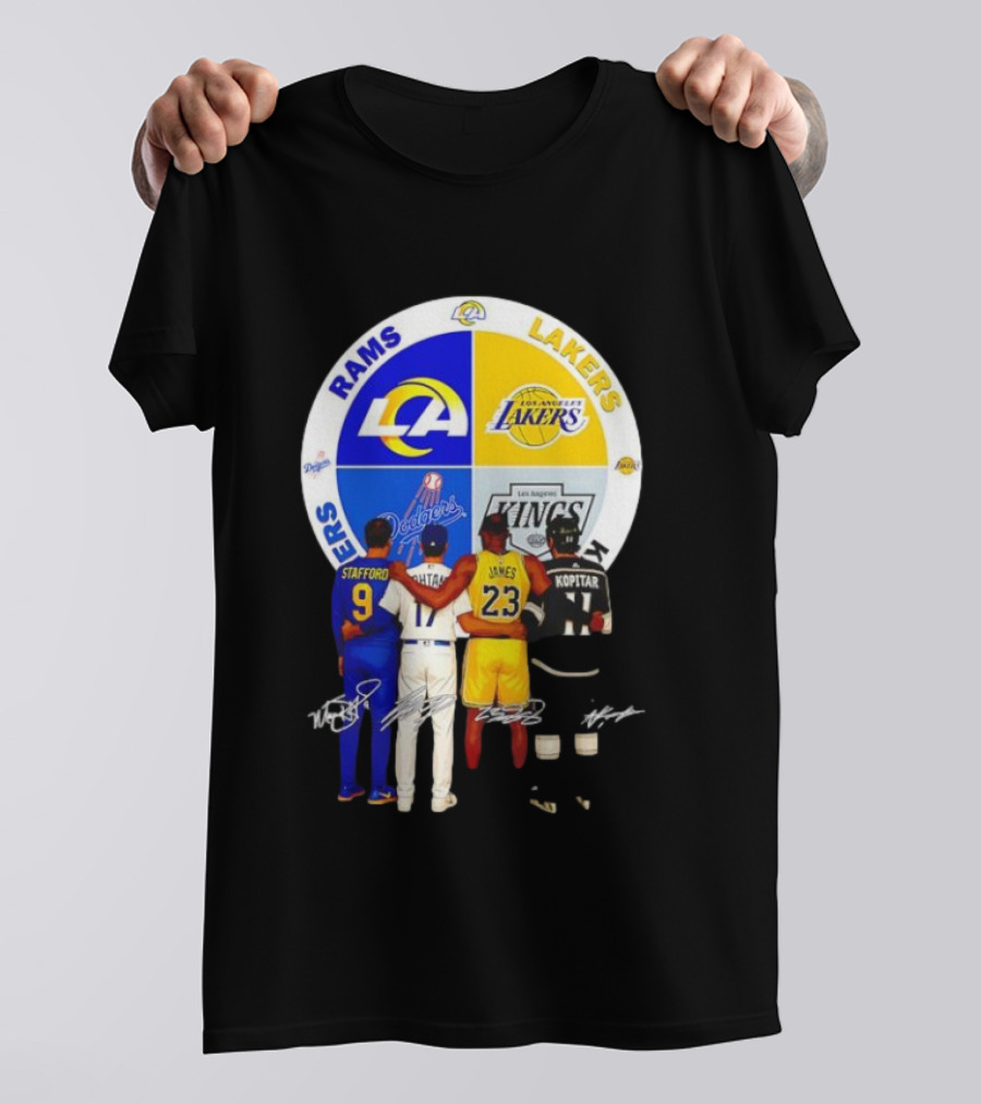 Los Angeles Rams Lakers Dodgers Kings Major Players Stafford Kershaw James Kopitar Signatures T-Shirt