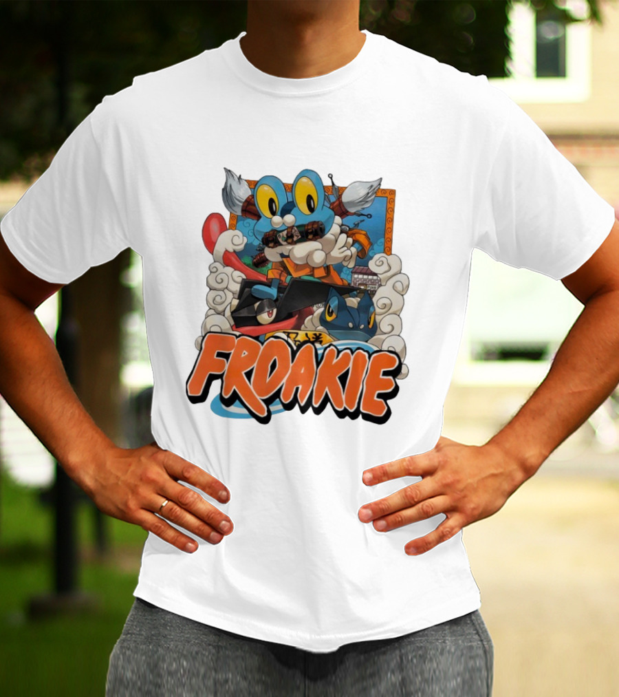 Froakie Ninja Adventure With Playful Clouds And Energetic Vibes T-Shirt