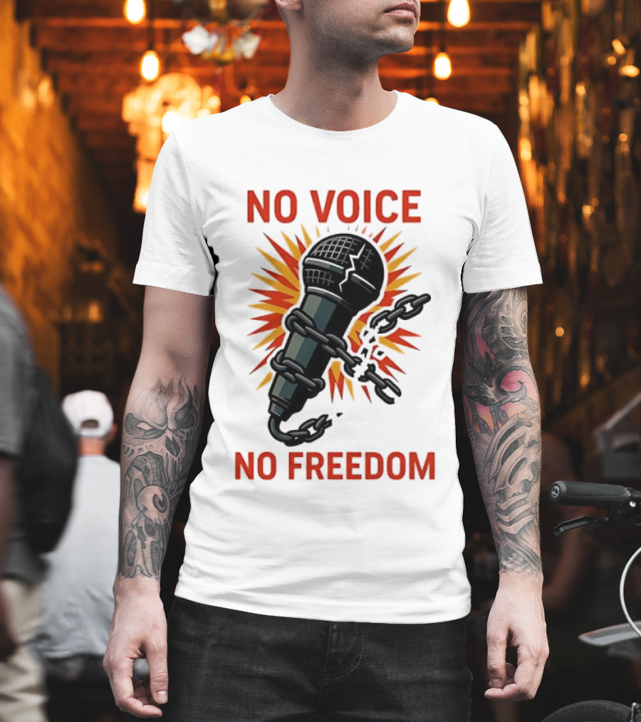 No Voice No Freedom Microphone And Chain Graphic T-Shirt