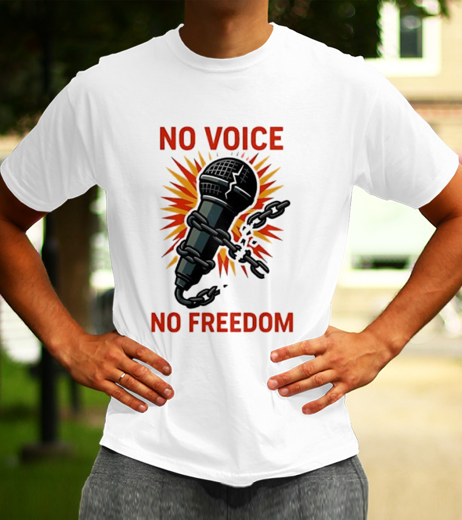 No Voice No Freedom Microphone And Chain Graphic T-Shirt