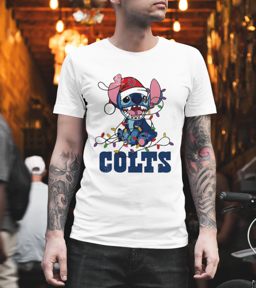 Indianapolis Colts Stitch Christmas Lights NFL Fan Art T-Shirt
