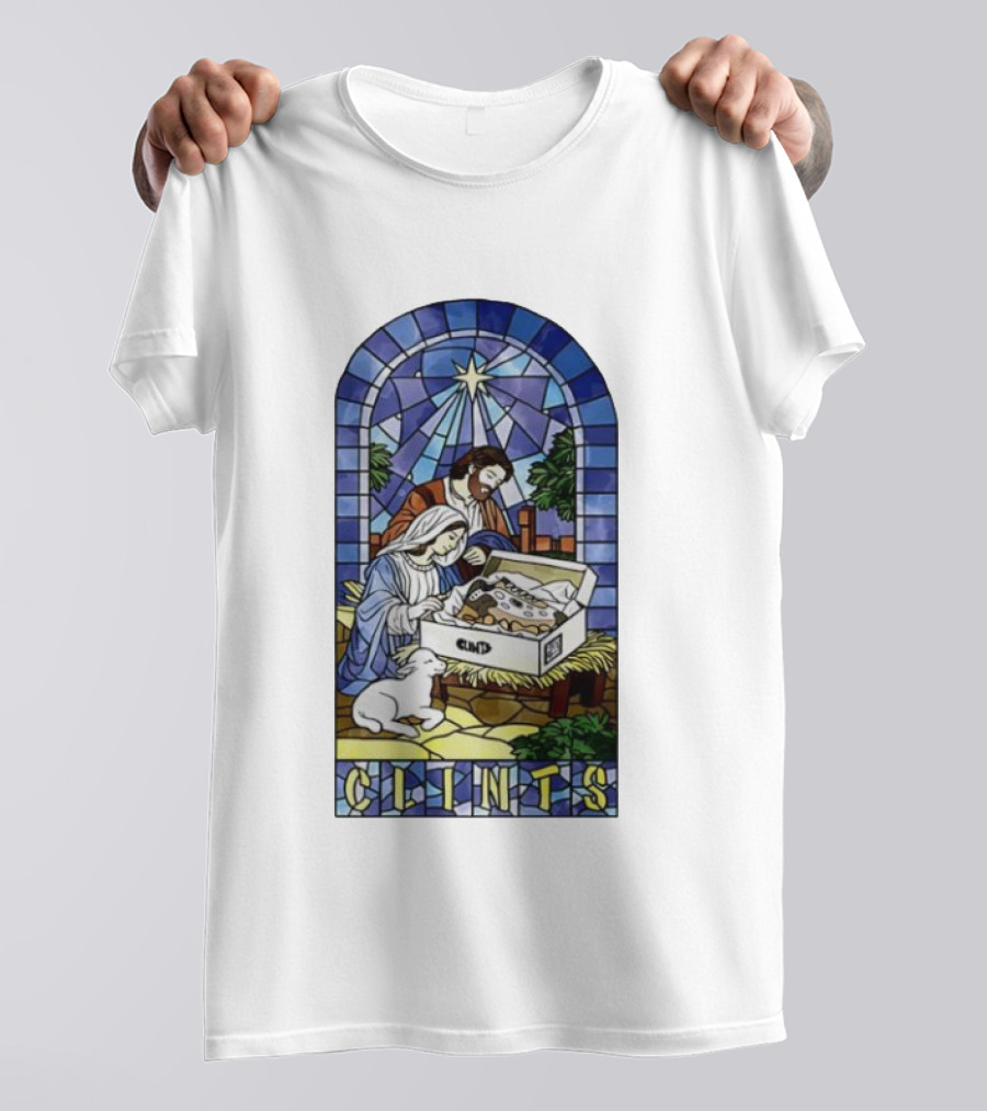 Nativity Stained Glass Clints Jesus Scene With Sneakers T-Shirt