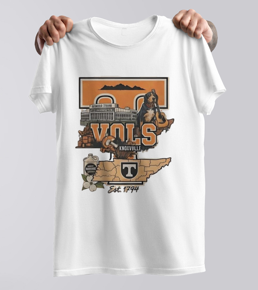University Of Tennessee Volunteers Knoxville Vols Neyland Stadium Smokey Mascot Est 1794 Map Outline T-Shirt