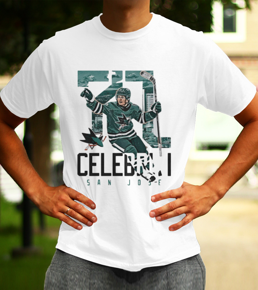 San Jose Sharks 71 Celebrini Landmark Skyline Hockey T-Shirt