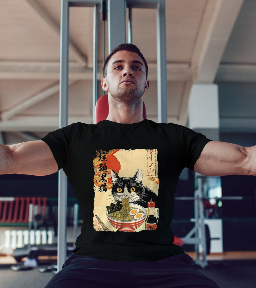 Japanese Black Cat Ramen Ukiyo E Retro Style With Kanji T-Shirt