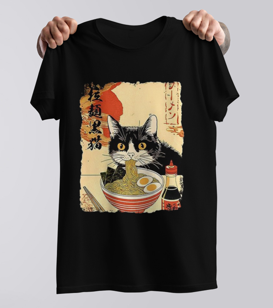 Japanese Black Cat Ramen Ukiyo E Retro Style With Kanji T-Shirt