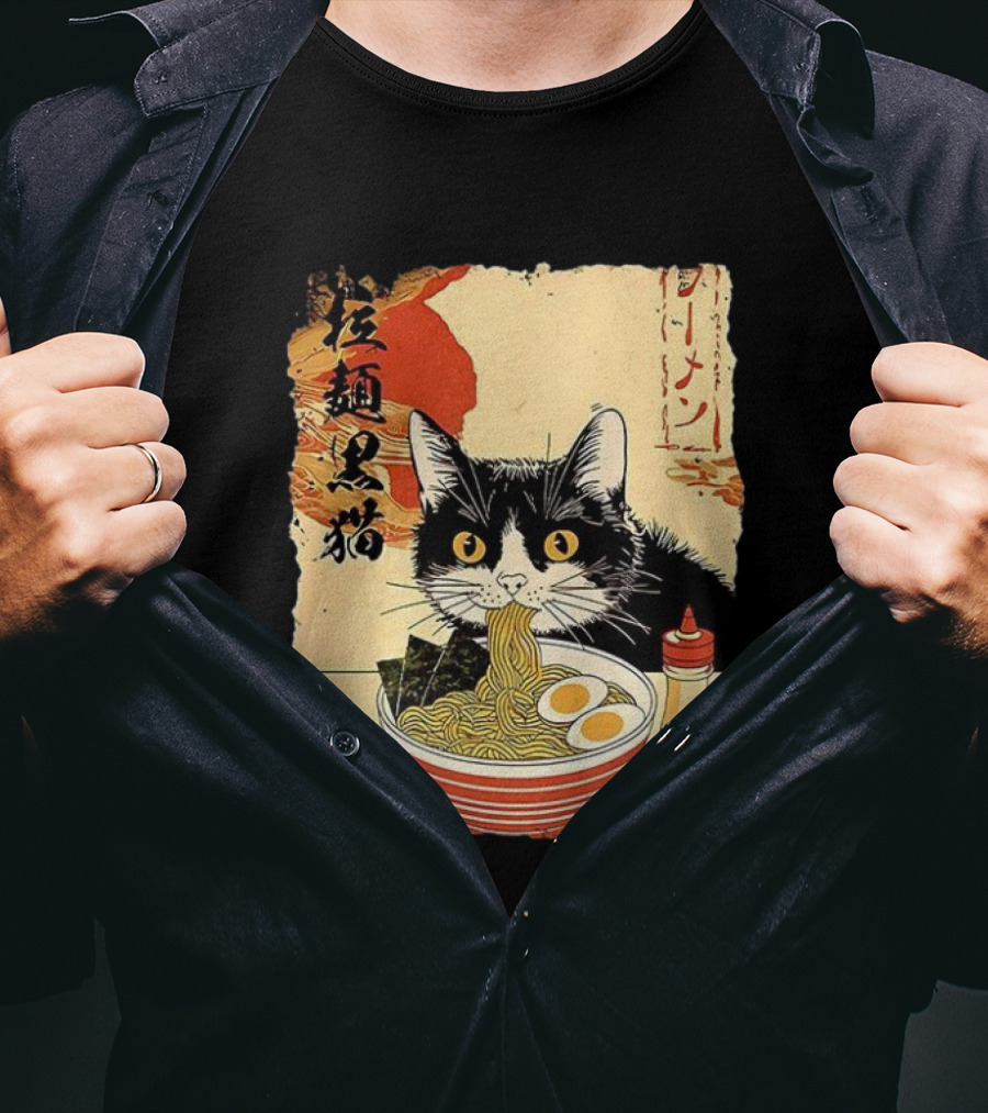 Japanese Black Cat Ramen Ukiyo E Retro Style With Kanji T-Shirt
