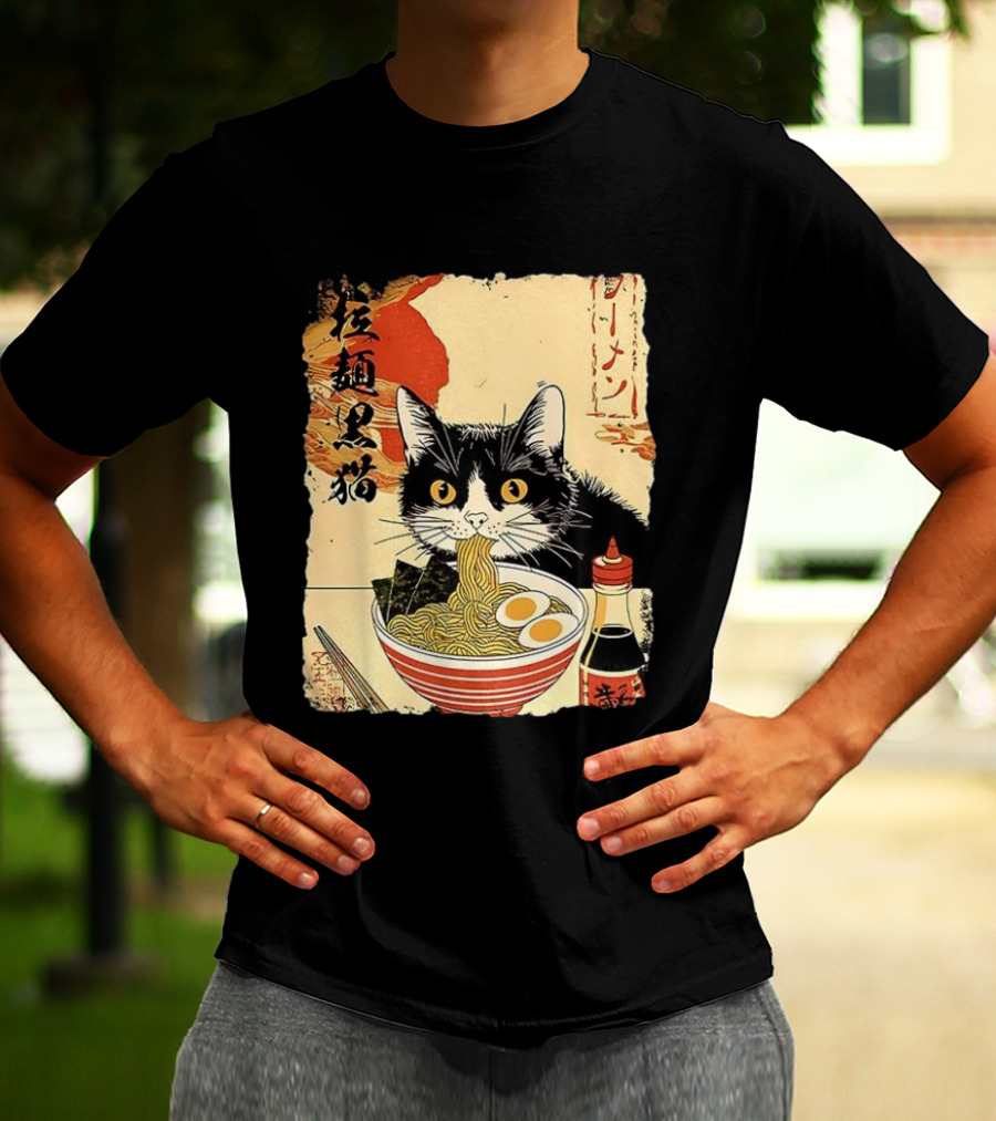 Japanese Black Cat Ramen Ukiyo E Retro Style With Kanji T-Shirt