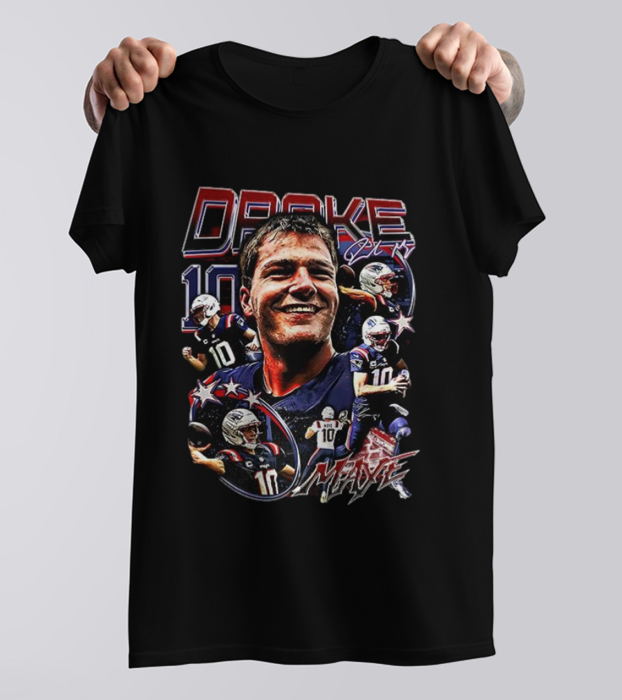 Drake Maye 10 New England Patriots NFL Vintage Signature T-Shirt