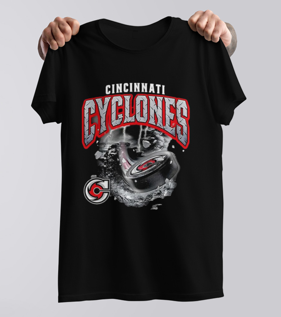 Cincinnati Cyclones Ice Hockey Storm Warning Puck Shattering Ice T-Shirt