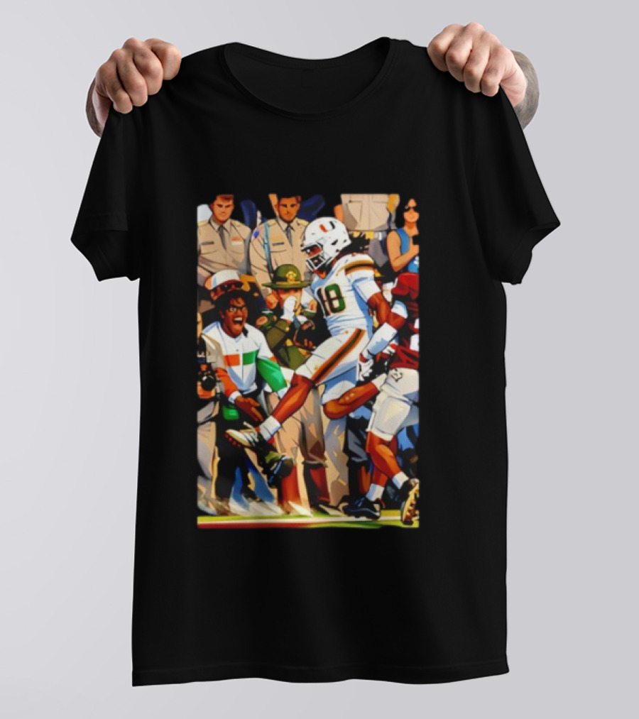 Miami Hurricanes Football Touchdown Celebration Game Day Action Scene T-Shirt