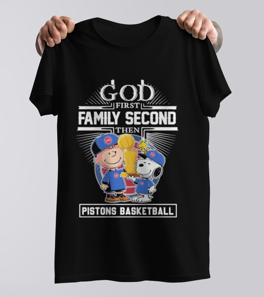 God First Family Second Then Pistons Basketball Snoopy Charlie Brown Trophy T-Shirt