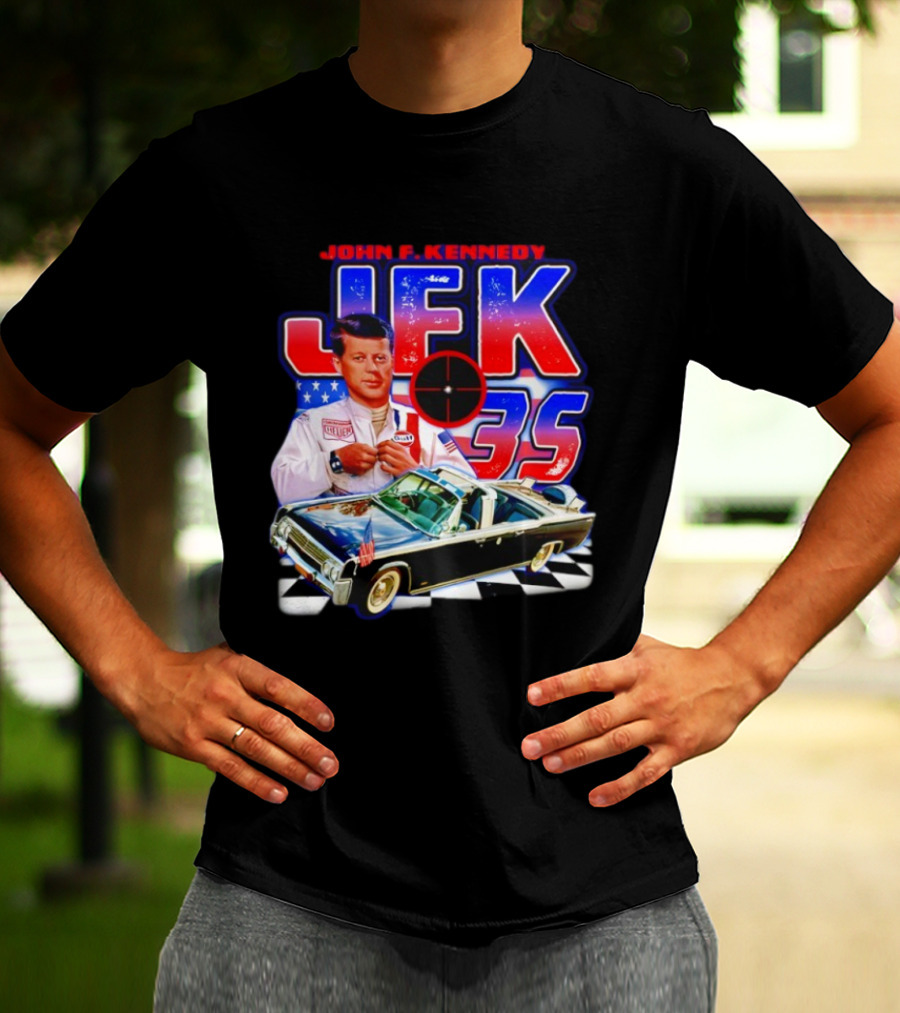 John F. Kennedy JFK 35 Racer Car USA Flag T-Shirt