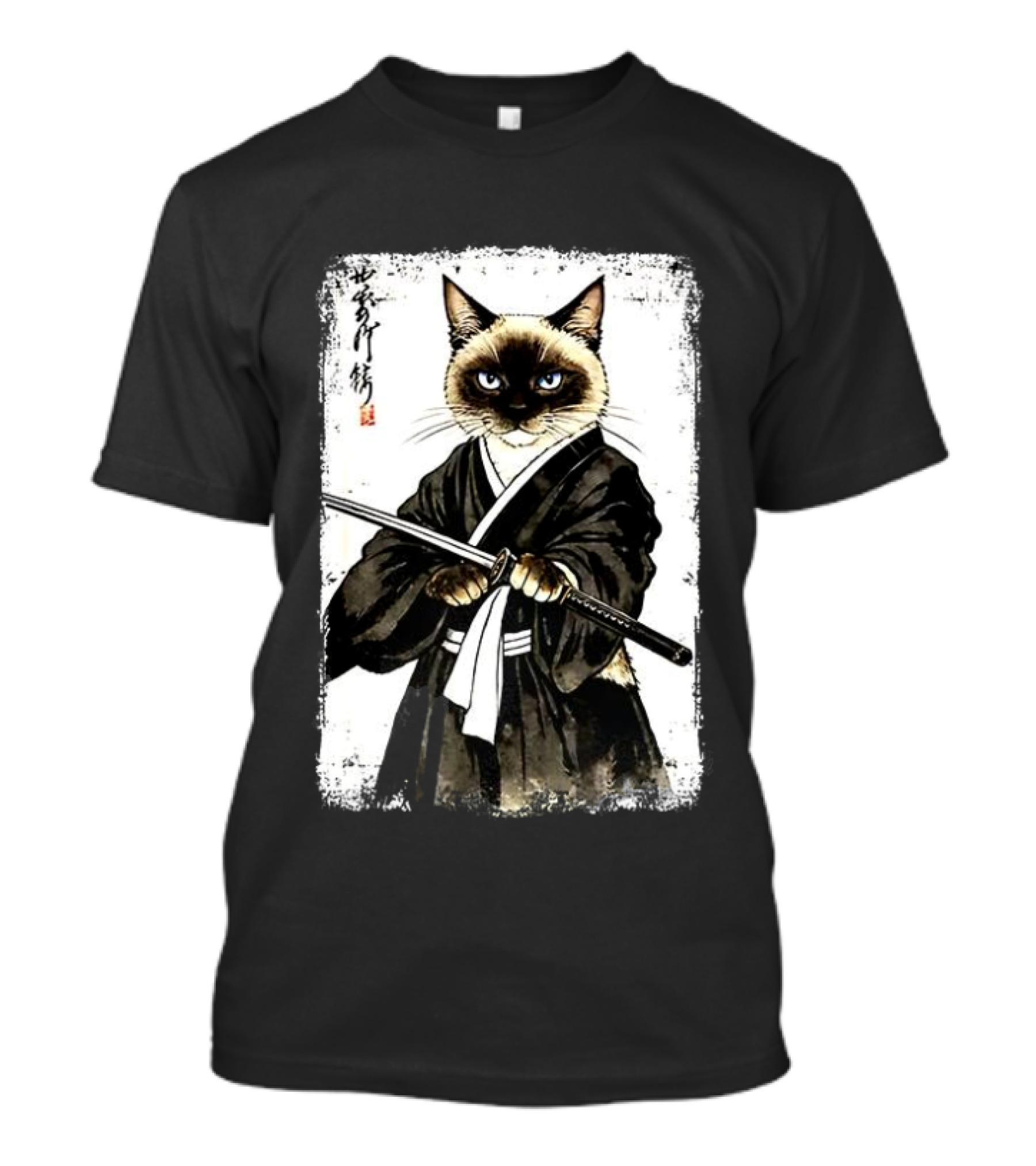 Siamese Cat Samurai Warrior Japanese Vantage Painting Kanji T-Shirt