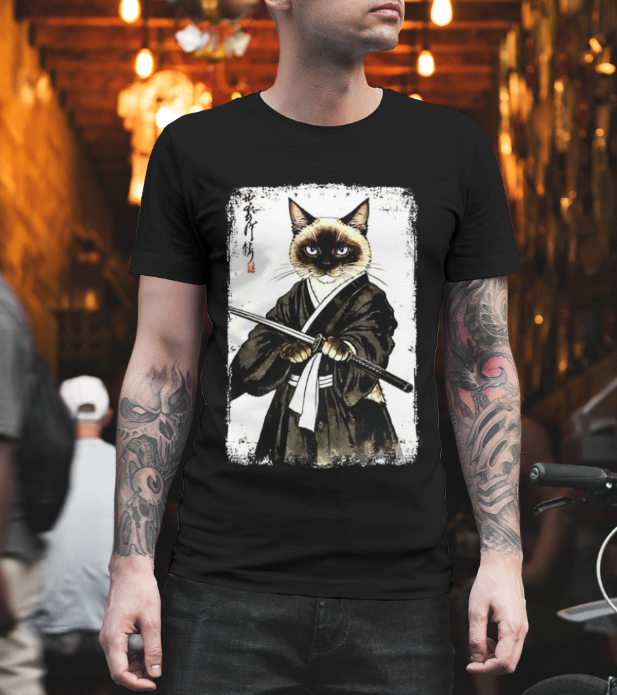 Siamese Cat Samurai Warrior Japanese Vantage Painting Kanji T-Shirt