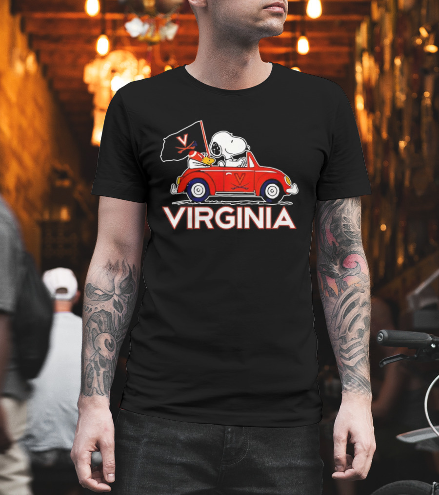 Virginia Tech Snoopy Woodstock Driving Red Car With Flag T-Shirt