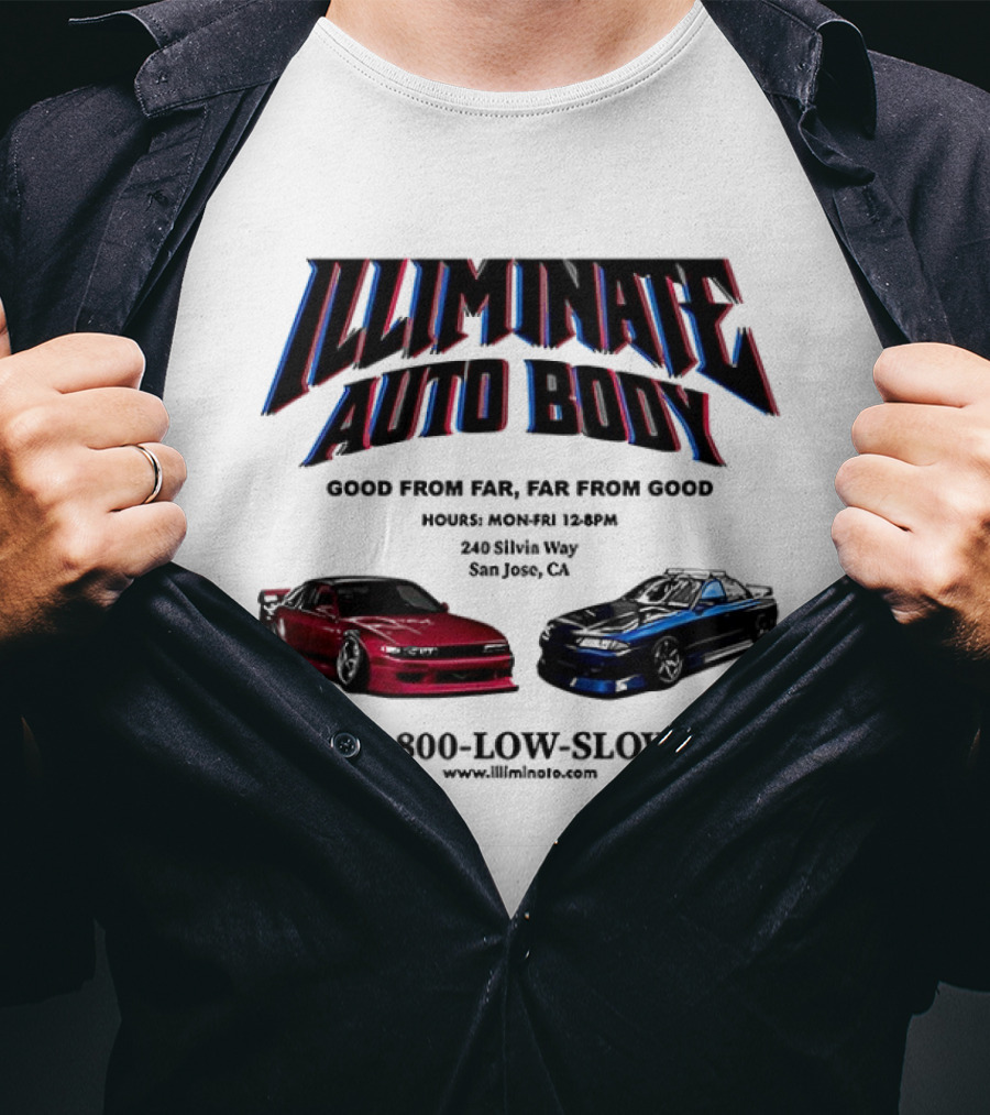 Illiminate Auto Body Good From Far Far From Good Retro Red Blue Car T-Shirt