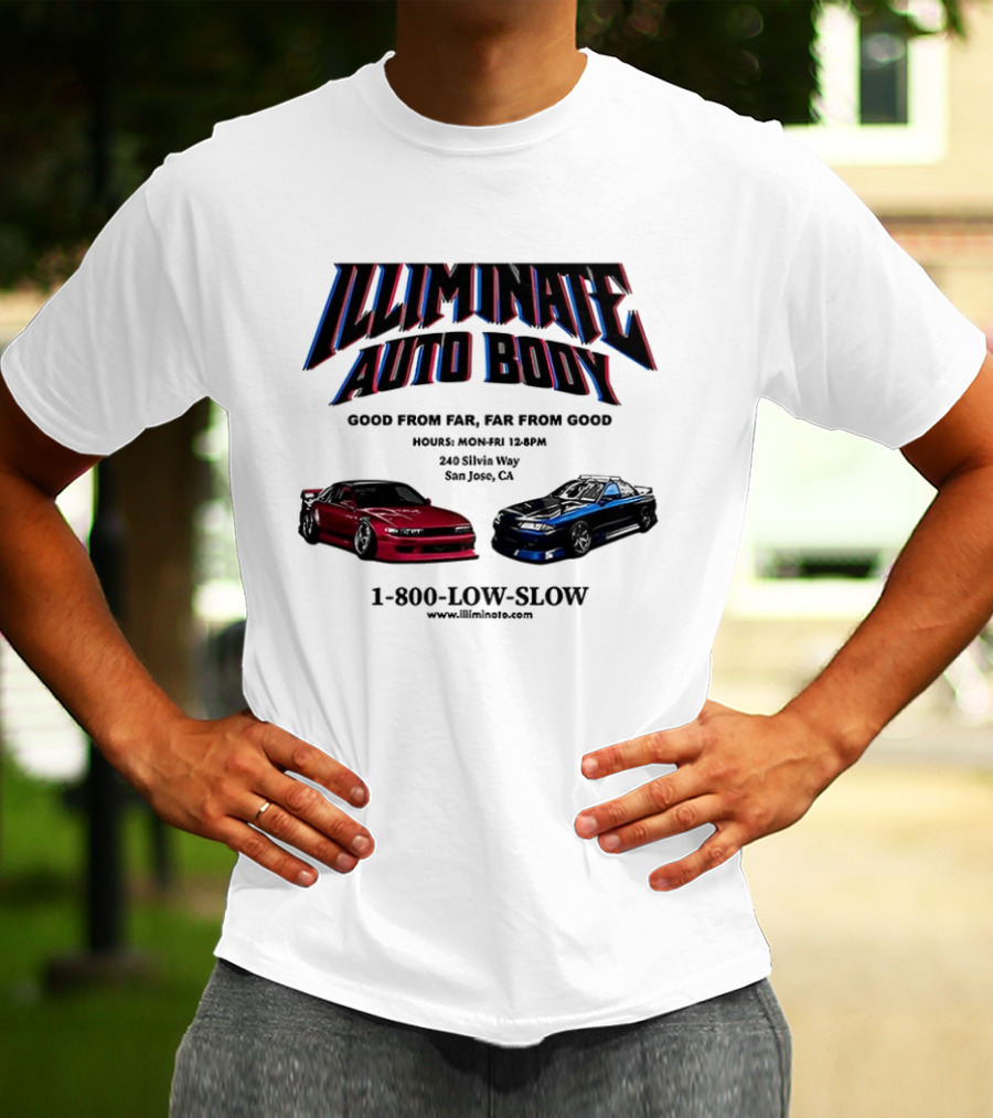 Illiminate Auto Body Good From Far Far From Good Retro Red Blue Car T-Shirt