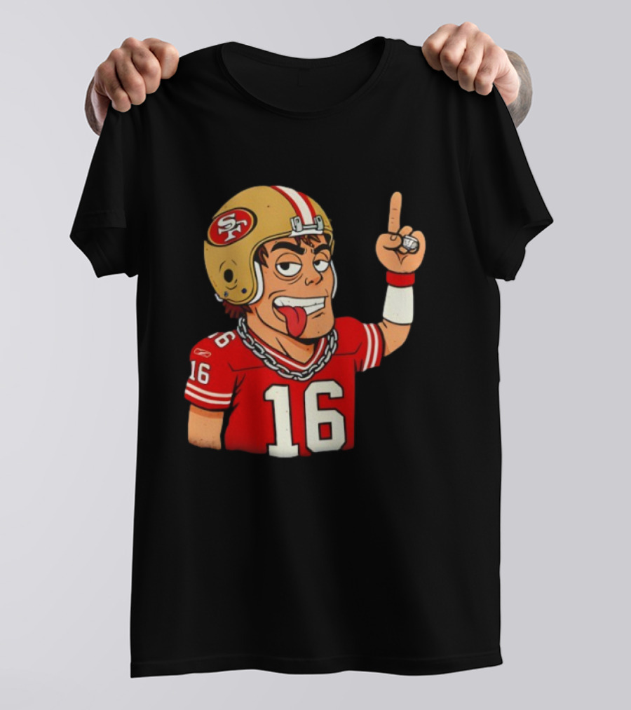 Legendary Quarterback Joe Montana #16 San Francisco 49ers Cartoon Helmet Tongue Out T-Shirt