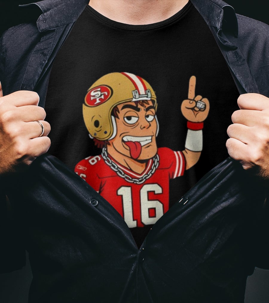 Legendary Quarterback Joe Montana #16 San Francisco 49ers Cartoon Helmet Tongue Out T-Shirt