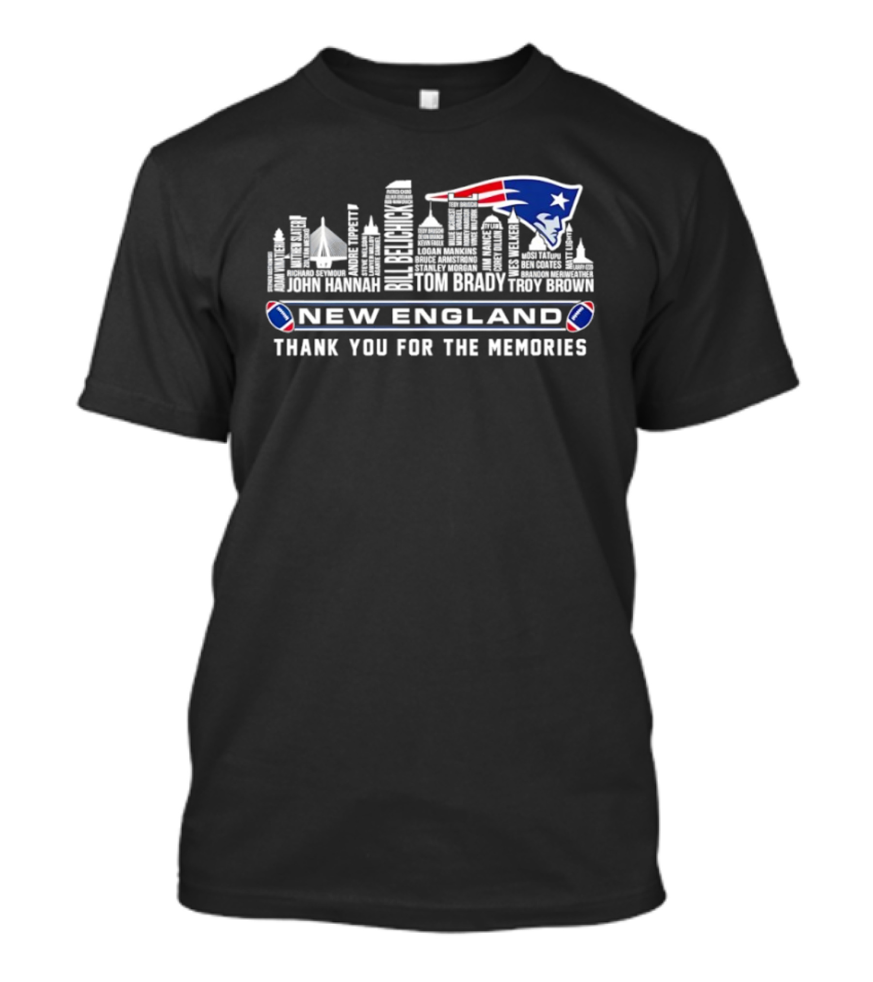 New England Patriots Tom Brady Randy Moss City Skyline Thank You For The Memories T-Shirt
