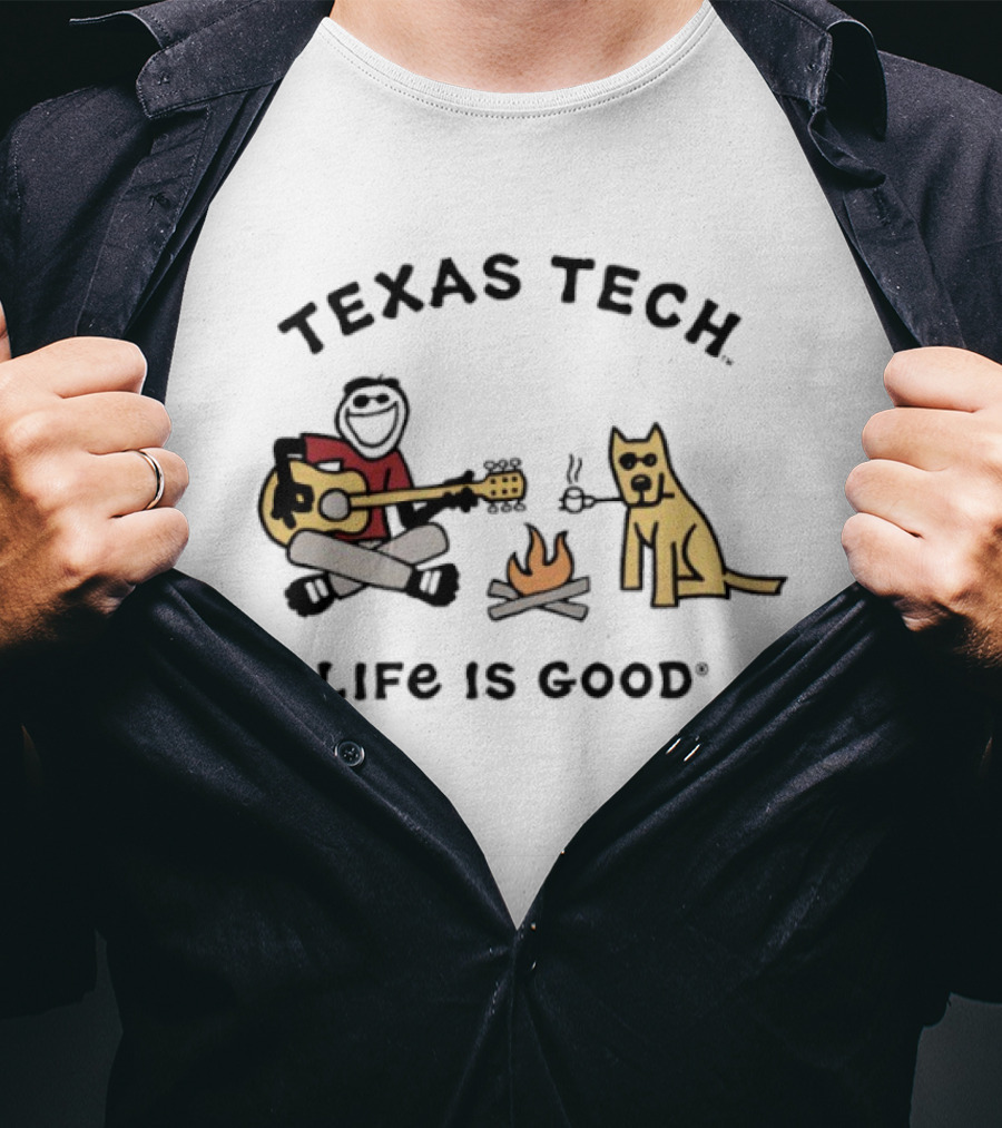 Texas Tech Life Is Good Jake Dog With Guitar And Campfire T-Shirt