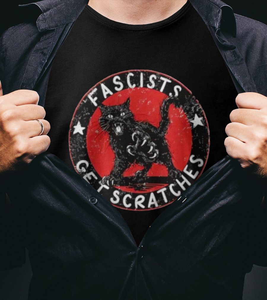 Black Cat Fascists Get Scratches Round Emblem With Stars T-Shirt