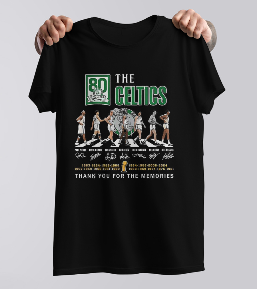 Boston Celtics 80th Anniversary Legendary Players Coaches Signatures Commemorative 1950s 1960s 1970s 1980s T-Shirt