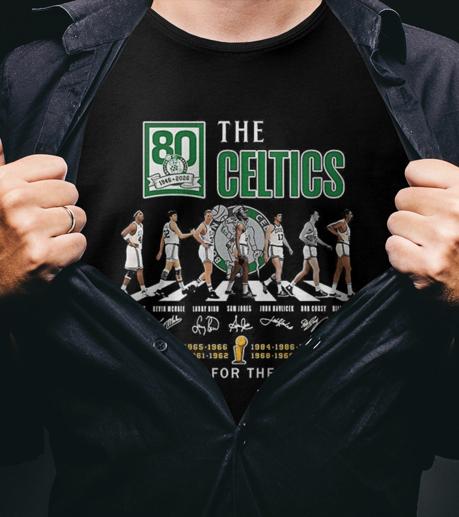 Boston Celtics 80th Anniversary Legendary Players Coaches Signatures Commemorative 1950s 1960s 1970s 1980s T-Shirt