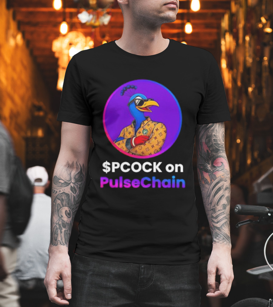 $PCOCK On PulseChain Peacock With Sunglasses And Patterned Outfit T-Shirt