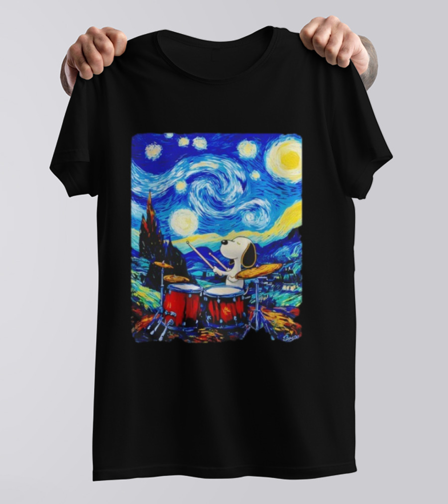 Snoopy Playing Drums Starry Night Van Gogh T-Shirt