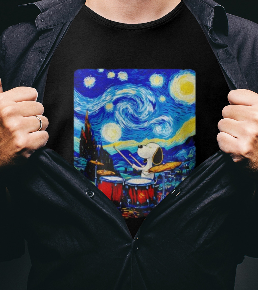 Snoopy Playing Drums Starry Night Van Gogh T-Shirt
